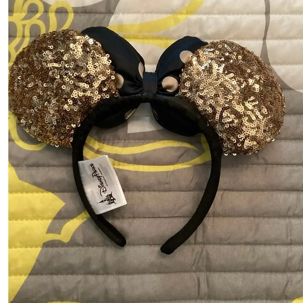 NWOT Disney Parks Minnie Mouse ear headband gold sequined black bow n polka dots